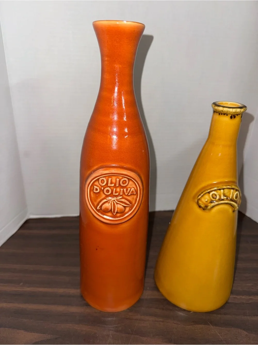 Vintage Crate & Barrel Orange/Yellow Large Olive Oil Bottles Stoneware